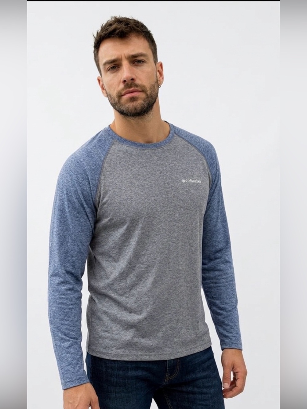 Columbia Thistletown Two-Tone Long-Sleeve Raglan Tee in Gray and Blue XL UPF/Air